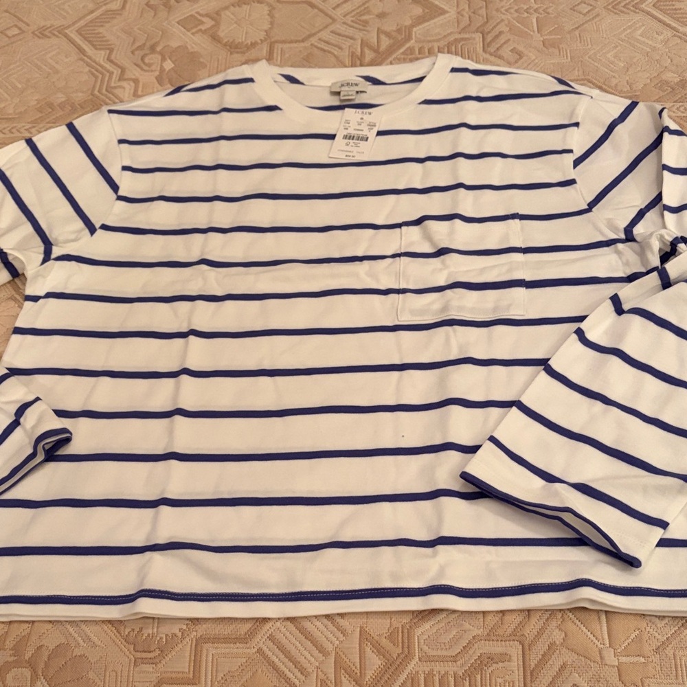 J. Crew Ivory Bistro Blue Striped Long-Sleeve Pocket Tee/NWT/L - Picture 4 of 10